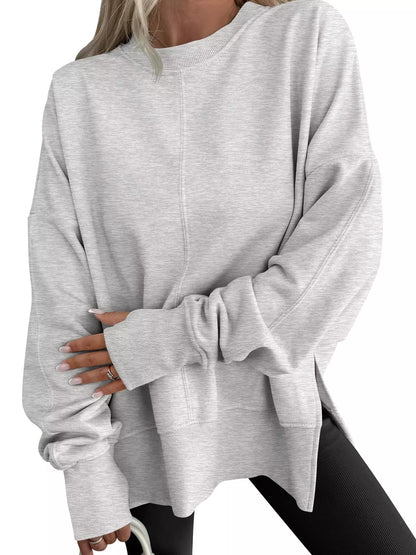 Sarah Express Women's Side Slit Round Neck Long Sleeve Sweatshirt Gray