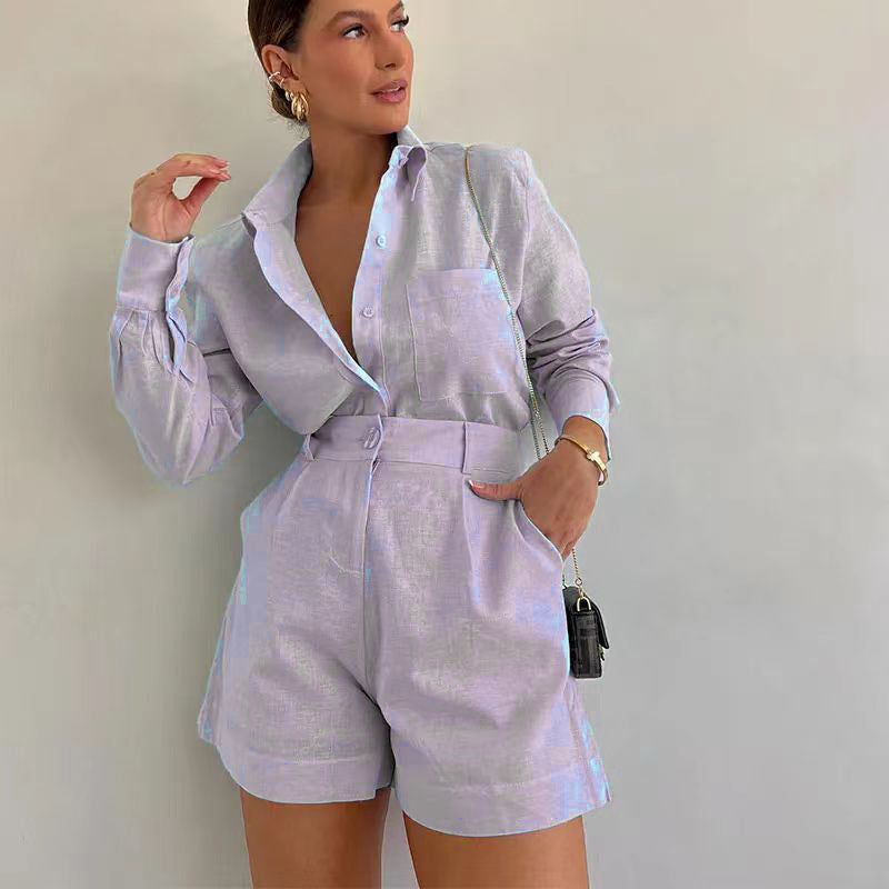 Sarah Express Women's Long Sleeve Blazer and Shorts Two-Piece Suit Set Professional Casual