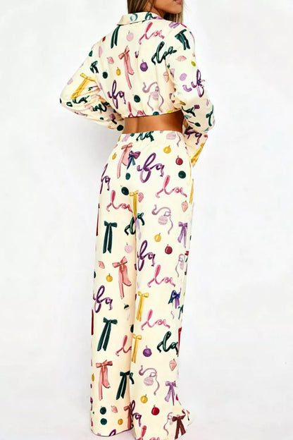 Sarah Express Women's Bow Print Lounge Set - Button-Up Top and Wide Leg Pants