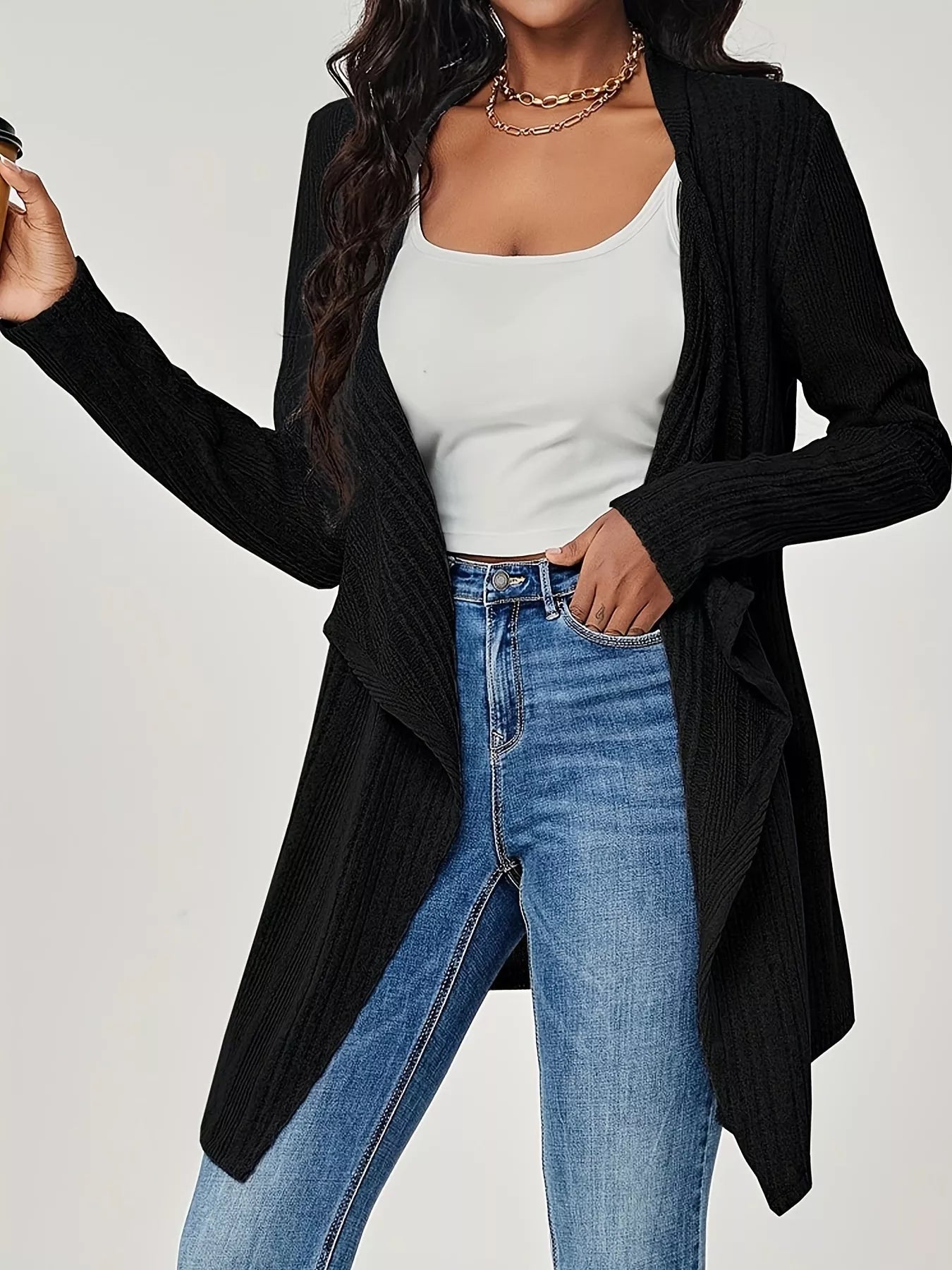 Sarah Express Women's Ribbed Knit Open Front Cardigan - Long Sleeve Lightweight Sweater Black