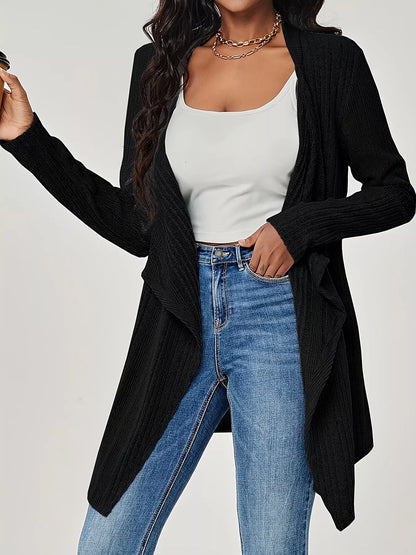 Sarah Express Women's Ribbed Knit Open Front Cardigan - Long Sleeve Lightweight Sweater Black