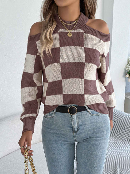 Sarah Express Women's Off-Shoulder Color Block Plaid Sweater Lantern Sleeve Knit Top Coffee