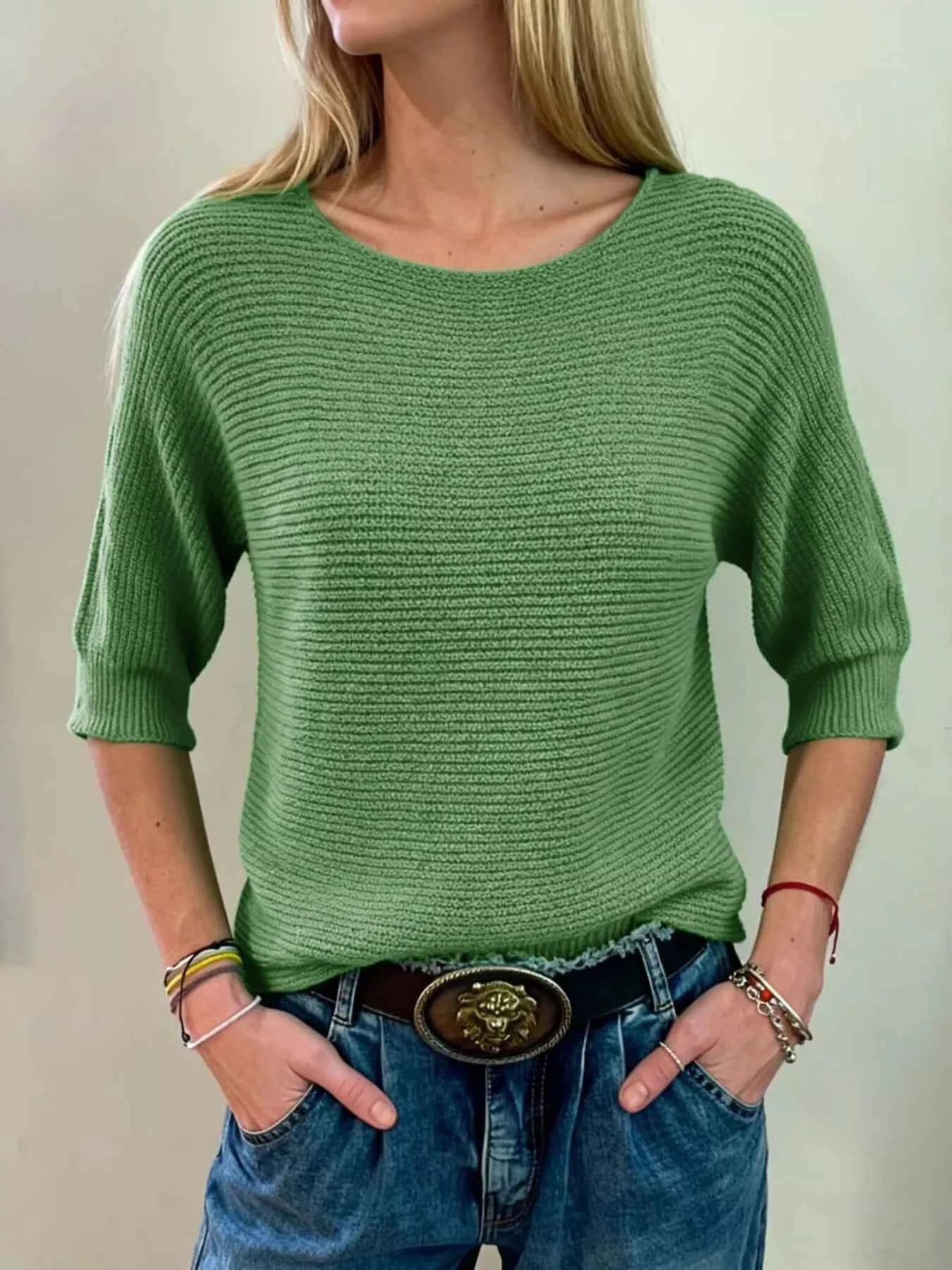 Sarah Express Women's Ribbed Knit Round Neck Sweater - Plus Size Available Light Green