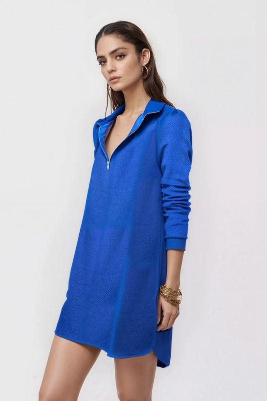 Sarah Express Women's Textured Quarter Zip Long Sleeve Dress Blue