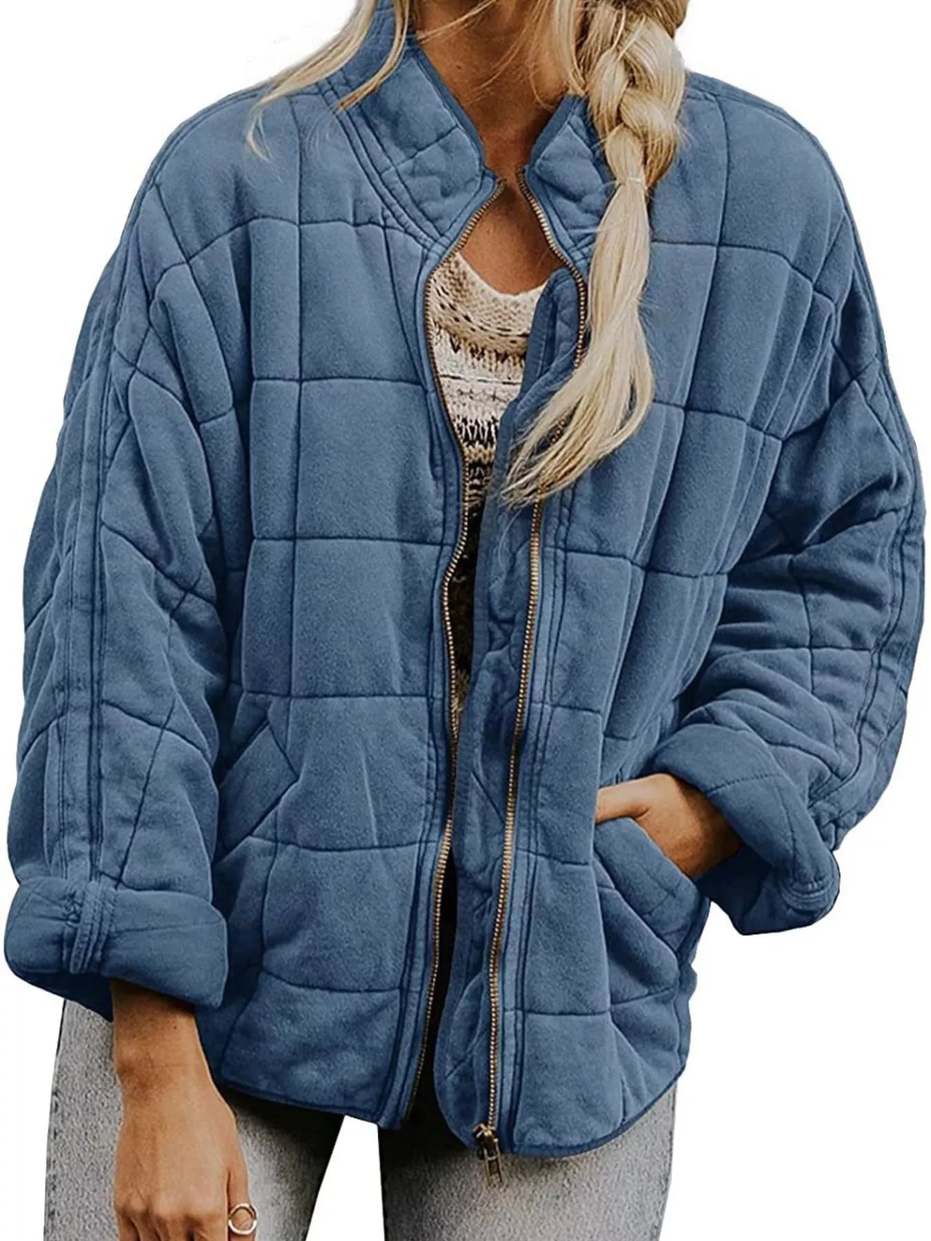 Sarah Express Women's Quilted Zip Up Jacket Gray Blue