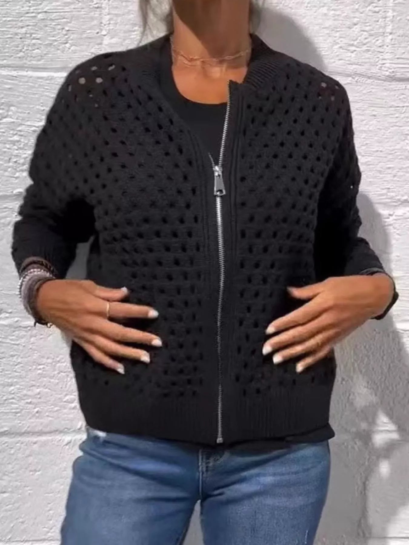 Sarah Express Women's Full Size Zip Up Long Sleeve Cardigan with Eyelet Detail Plus Size