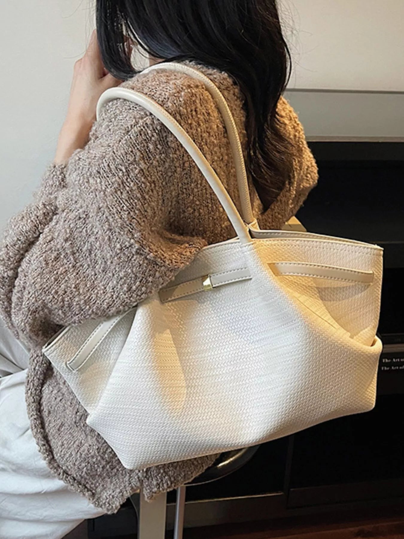 Sarah Express Women's Textured Tote Bag - Large PU Leather Shoulder Bag