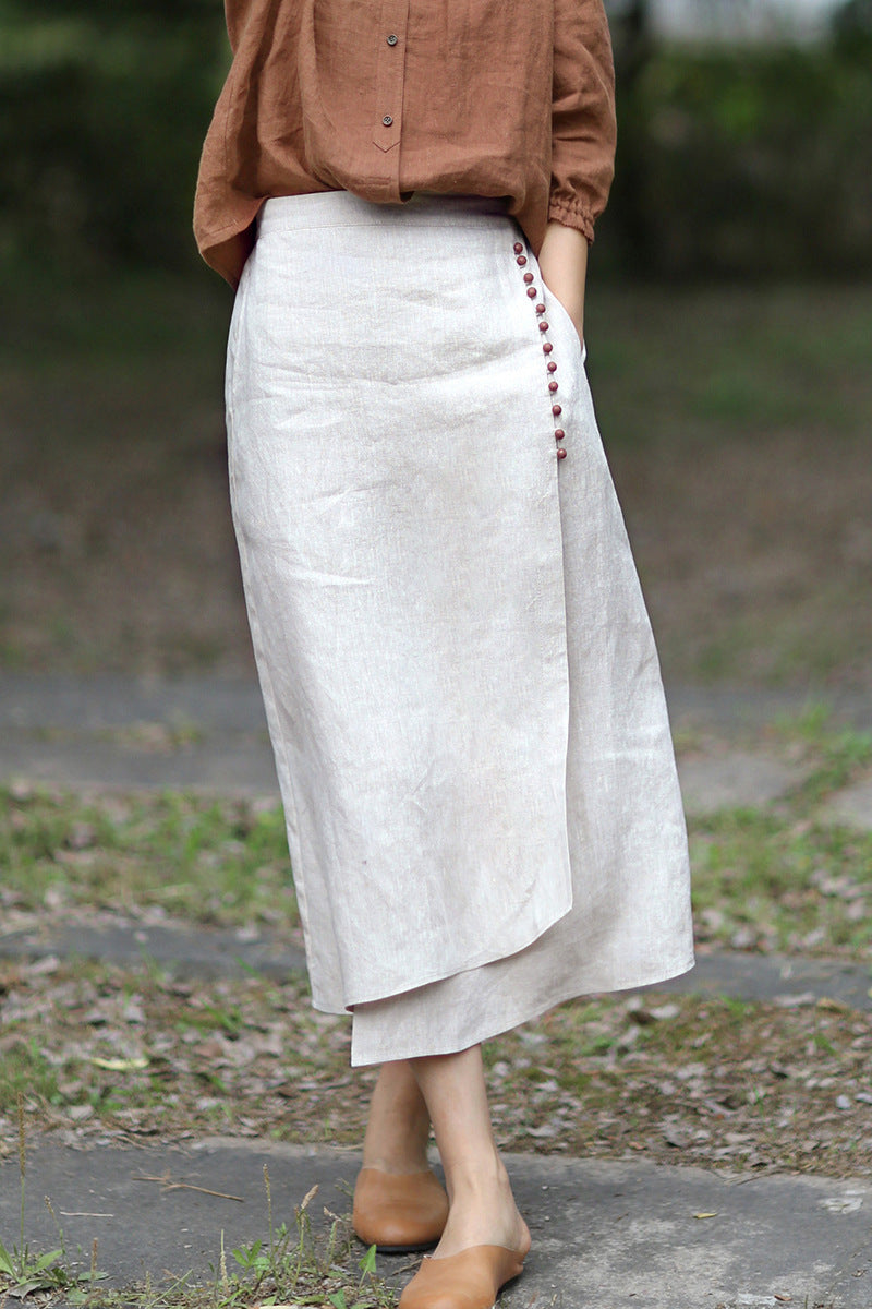 Sarah Express Women's A-Line Linen Skirt Artistic Irregular Stitching Mid-Length