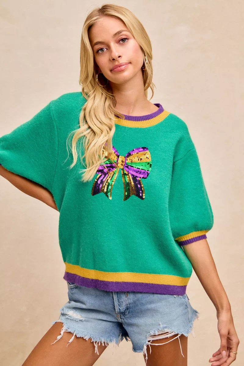 Sarah Express Women's Mardi Gras Sequin Ribbon Patched Sweater