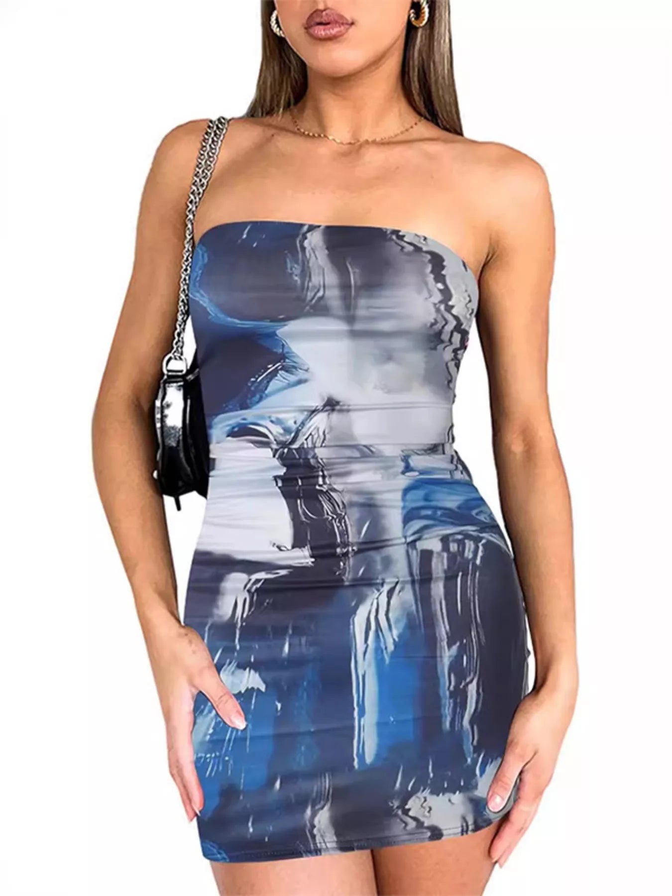Sarah Express Women's Tie-Dye Ruched Bodycon Mini Dress Dark Blue