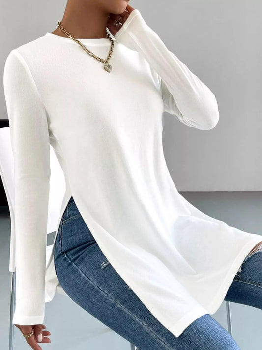 Sarah Express Women's Long Sleeve Side Slit T-Shirt - Casual Relaxed Fit Top White