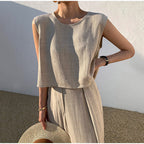 Sarah Express Women's Cotton Linen Two-Piece Set Sleeveless Top Wide Leg Pants Casual