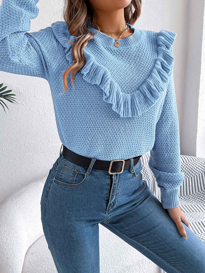 Sarah Express Women's Ruffled Long Sleeve Pullover Sweater - Elegant Solid Color Knitwear