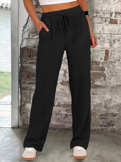 Sarah Express Women's Ribbed Knit Joggers with Pockets - Drawstring Waist Lounge Pants Black