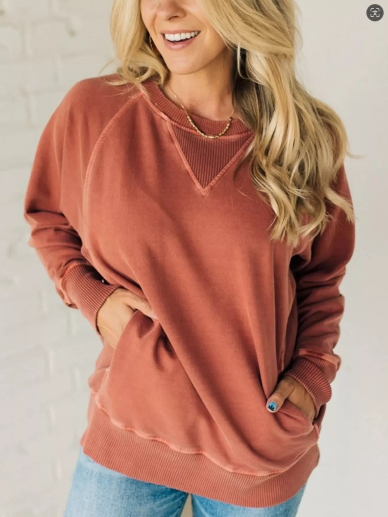 Sarah Express Women's Crew Neck Raglan Sleeve Sweatshirt - Casual Pullover Top Brick Red