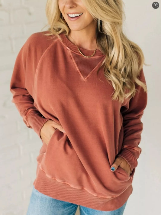Sarah Express Women's Crew Neck Raglan Sleeve Sweatshirt - Casual Pullover Top Brick Red