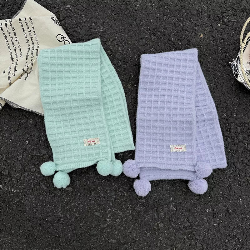 Sarah Express Women's Waffle Knit Pom-Pom Scarf - Cozy Winter Accessory