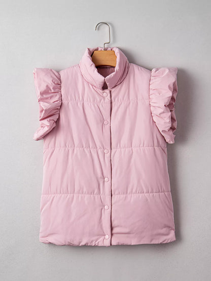 Sarah Express Women's Stand Neck Flutter Sleeve Snap Button Puffer Vest