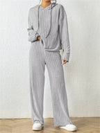 Trendsi Women's Ribbed Drawstring Hoodie and Pants Set Light Gray