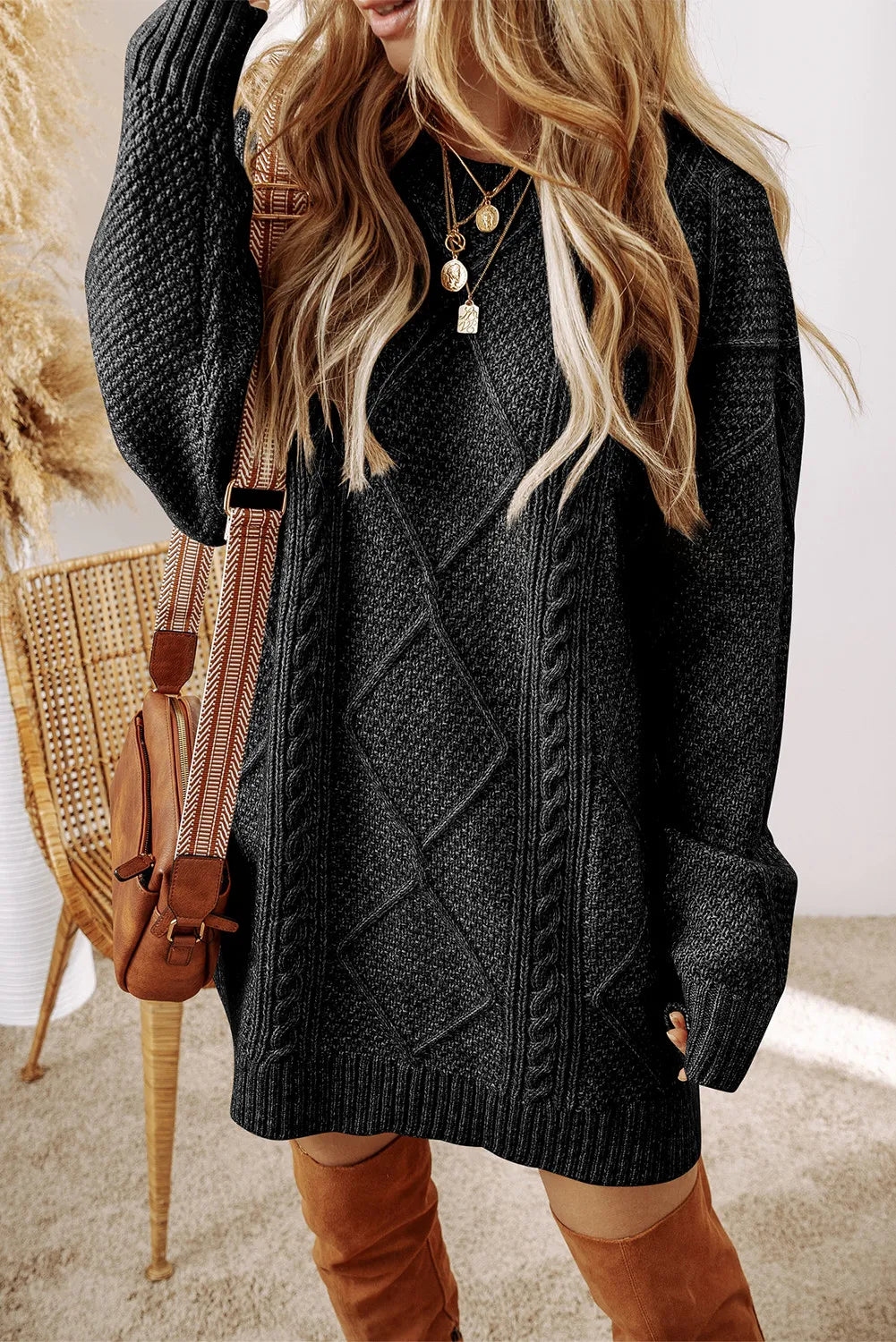 Sarah Express Women's Cable-Knit Sweater Dress Round Neck Long Sleeve Fall Winter Casual Comfort