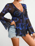 Sarah Express Women's Tie-Front Flare Sleeve Blouse