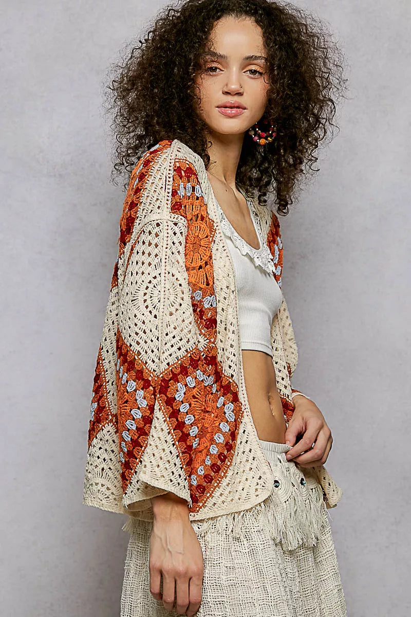 Sarah Express Women's Open Front Crochet Cardigan with Granny Square Pattern