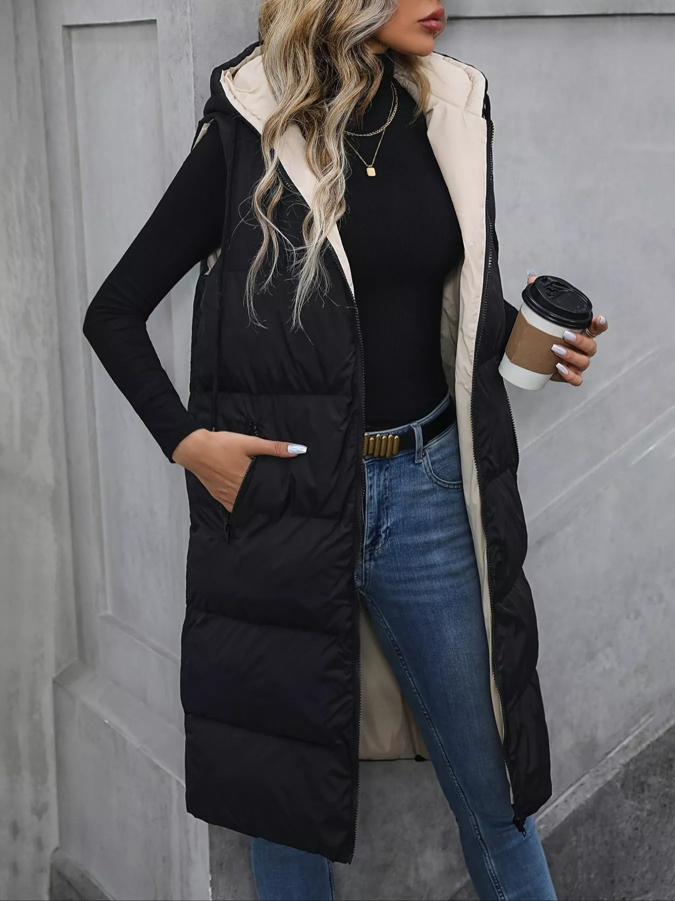 Sarah Express Women's Longline Padded Hooded Vest Coat