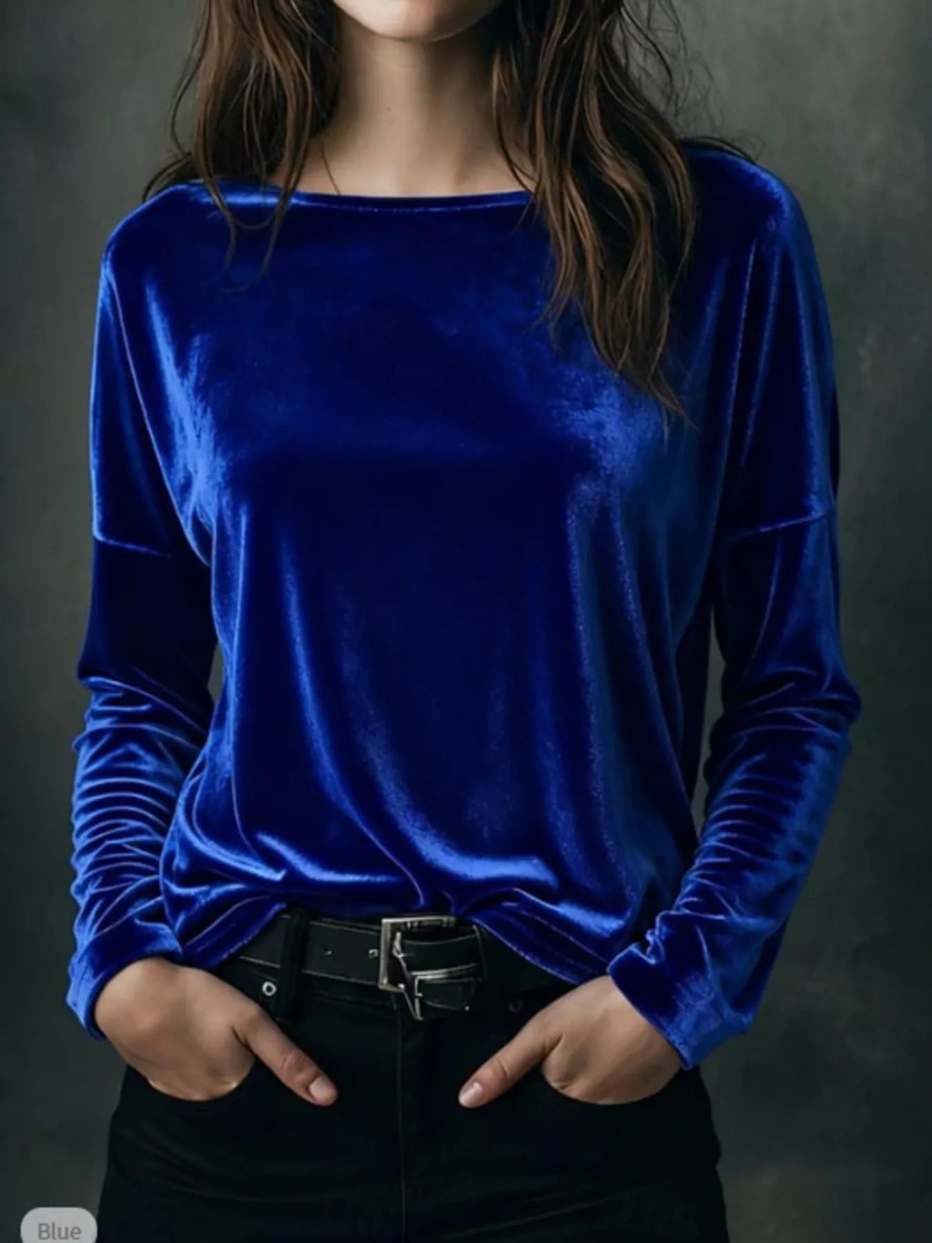 Sarah Express Women's Velvet Long Sleeve T-Shirt - Luxe Soft Touch Top for Plus Size Blue