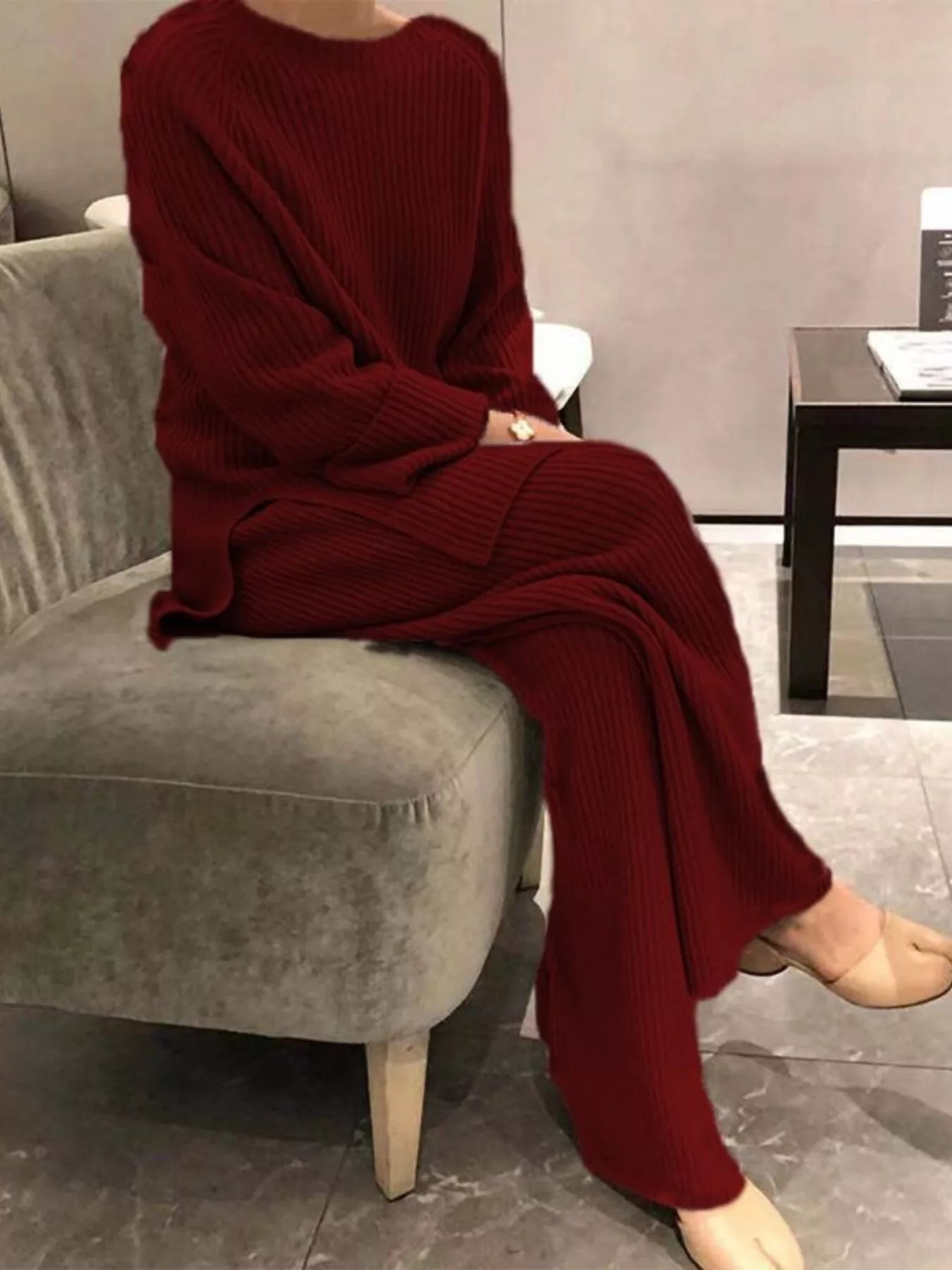 Sarah Express Women's Ribbed Knit Relaxed Fit Sweater Set - Top and Pants Plus Size Burgundy