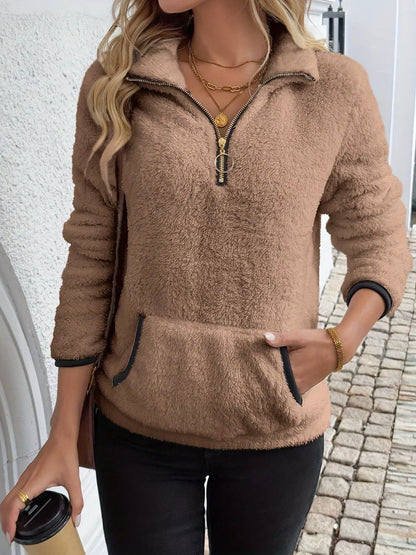 Sarah Express Women's Cozy Fleece Quarter Zip Long Sleeve Sweatshirt Brown
