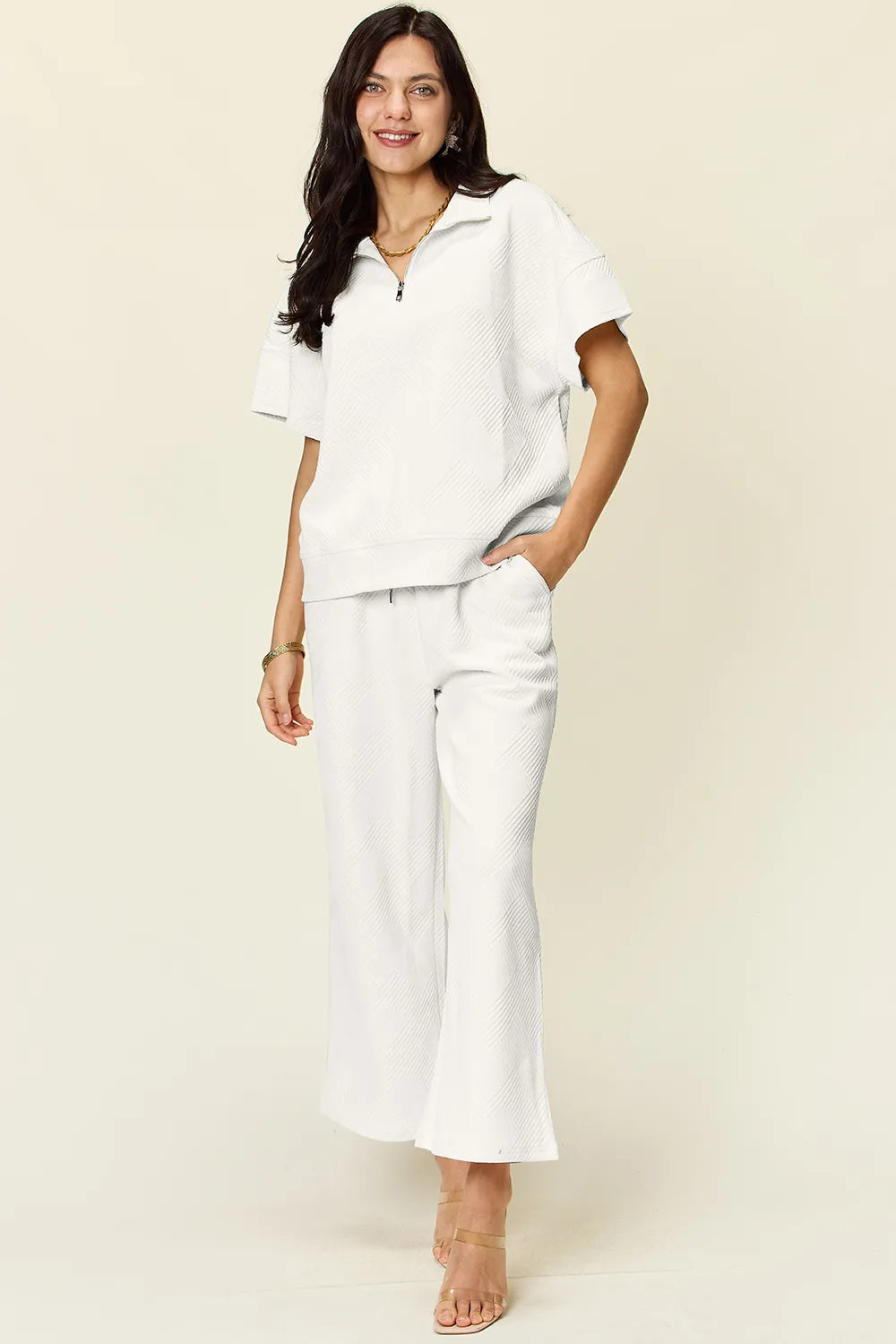 Sarah Express Women’s Plus Size Textured Half Zip Top and Pants Set
