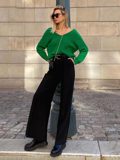 Sarah Express Women's Wide Leg Pleated Pants with Pockets - High Waist Palazzo Trousers