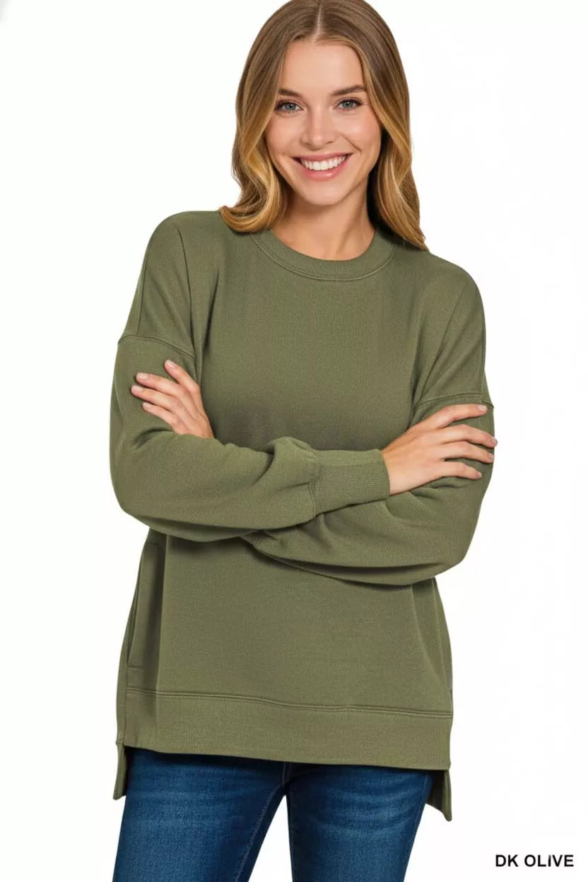Sarah Express Women's Fleece Hi-Low Boyfriend Sweatshirt with Pockets DK OLIVE