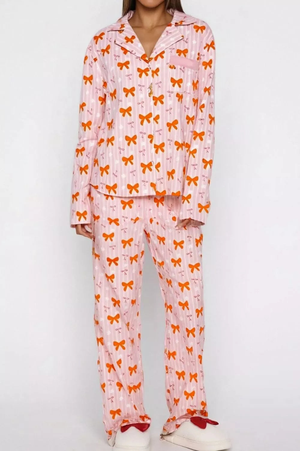 Sarah Express Women's Bow Print Lounge Set - Button-Up Top and Wide Leg Pants Blush Pink