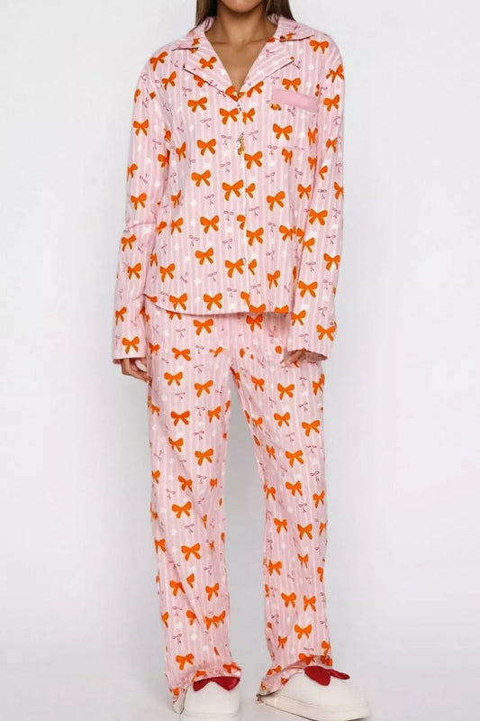 Sarah Express Women's Bow Print Lounge Set - Button-Up Top and Wide Leg Pants Blush Pink