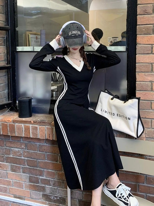 Sarah Express Women's Plus Size V-Neck Long Sleeve Bodycon Midi Dress with Side Stripes Black