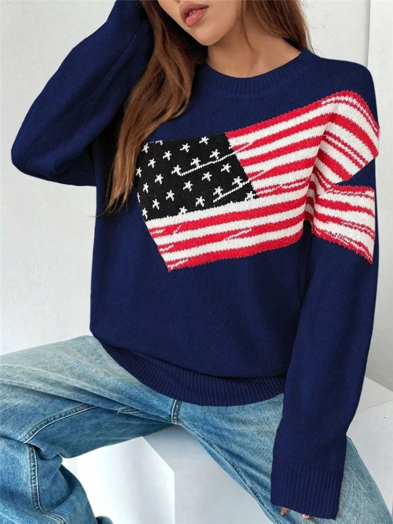 Sarah Express Women's US Flag Round Neck Long Sleeve Sweater