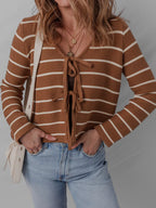 Sarah Express Women's Tie Front Striped Knit V Neck Cardigan Caramel