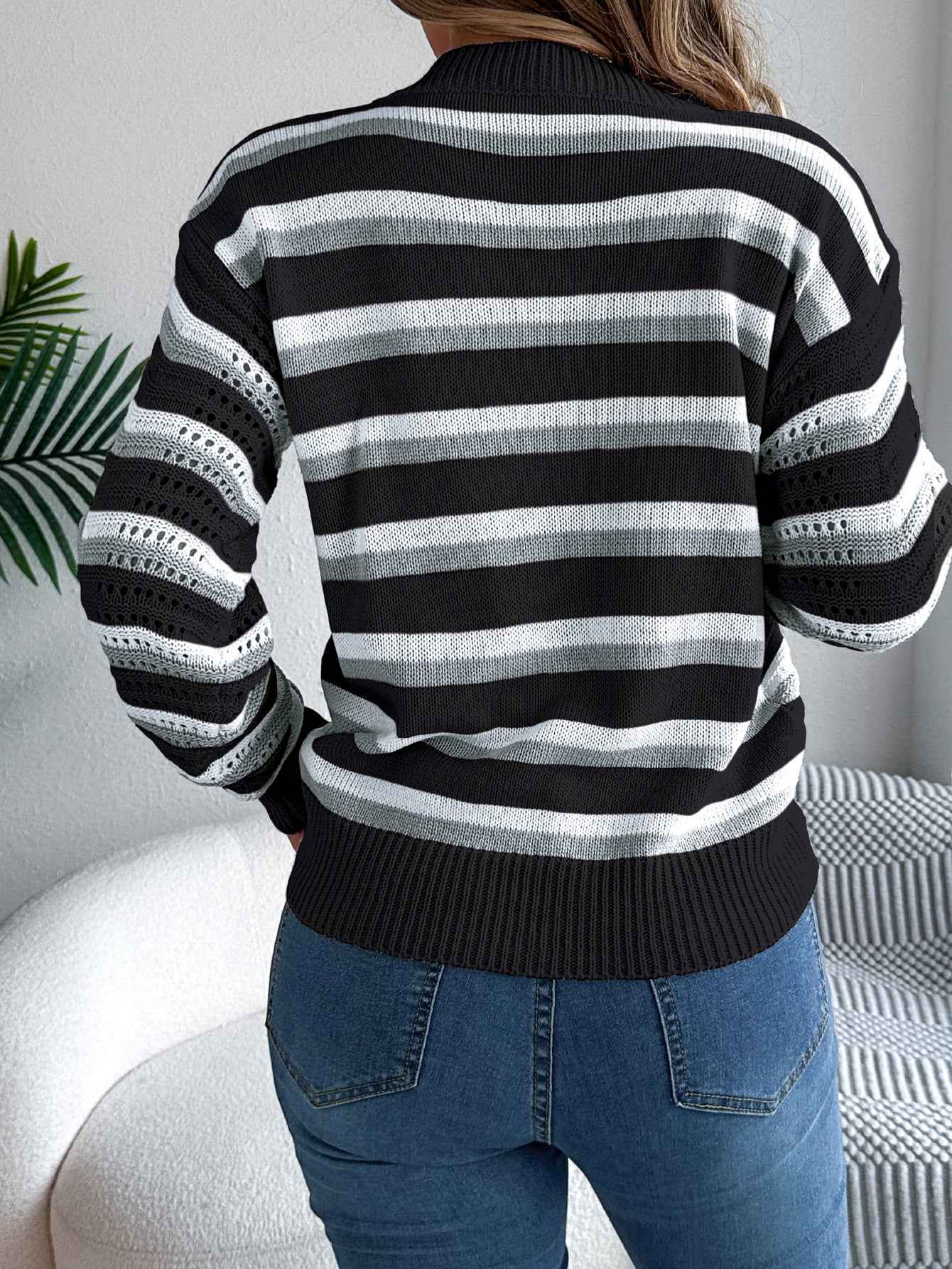 Sarah Express Women's Hollow Out Color Block Stripe Lantern Sleeve Pullover Sweater
