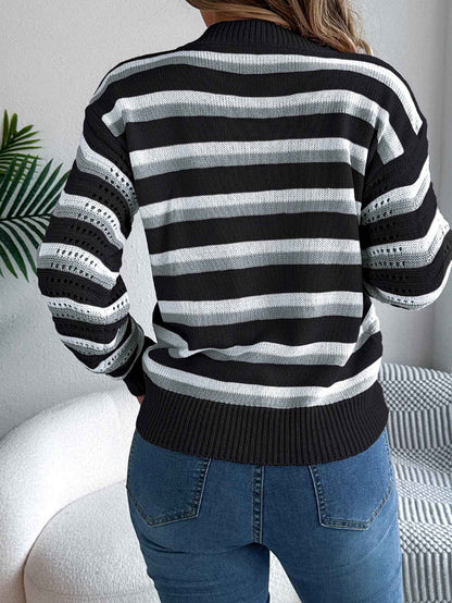 Sarah Express Women's Hollow Out Color Block Stripe Lantern Sleeve Pullover Sweater