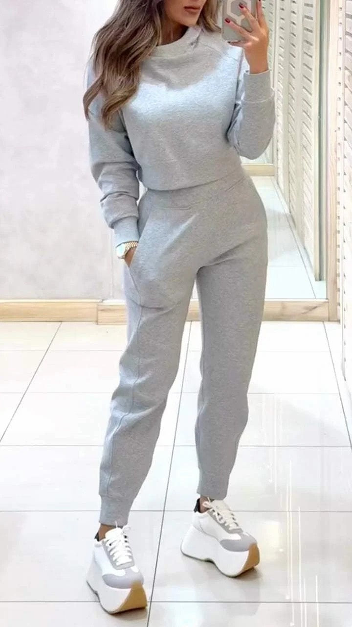 Sarah Express Women's Stand Collar Sports Suit Set - Pullover Top & Slim Trousers with Pockets Solid Color Tracksuit Light Grey