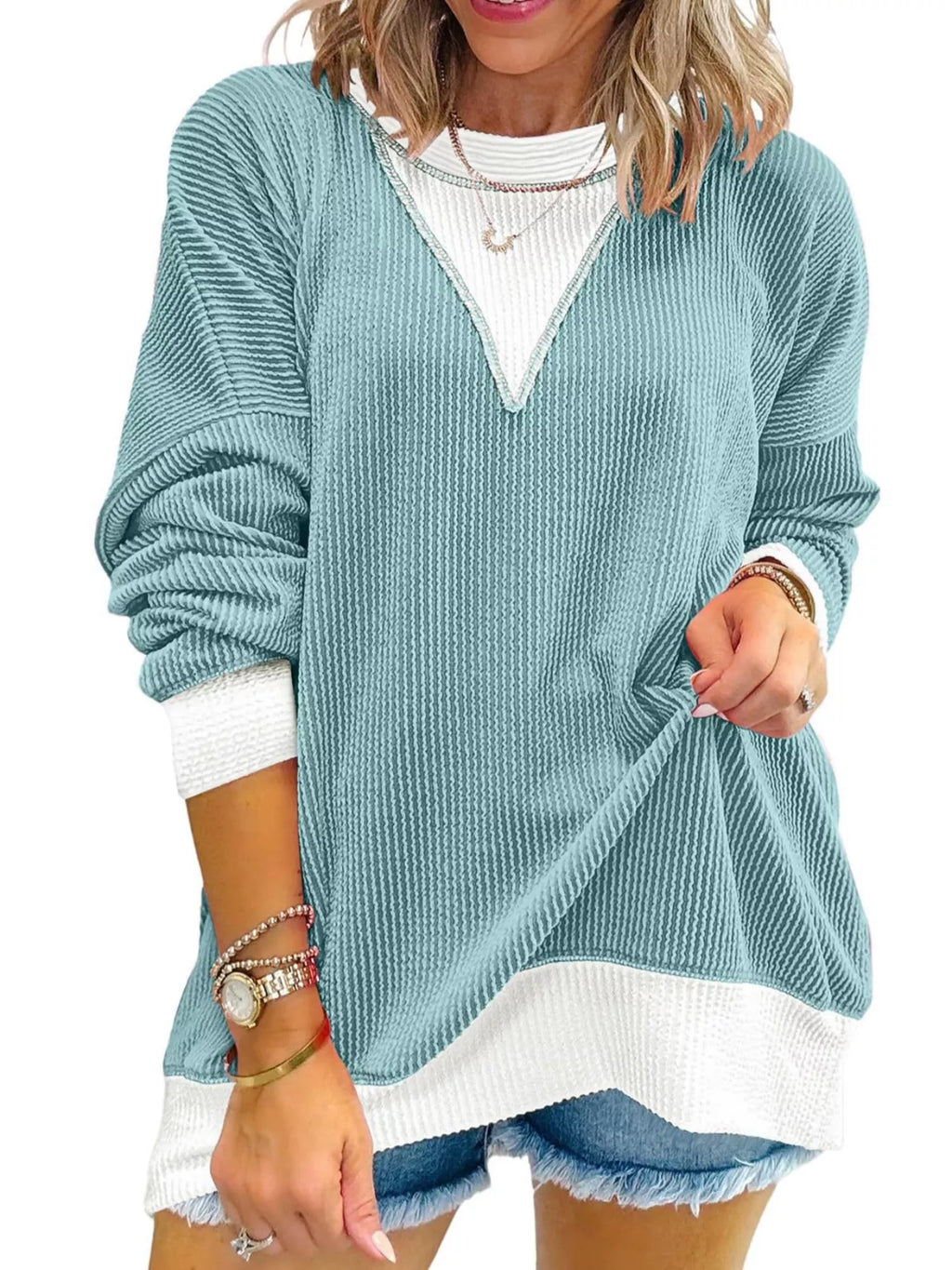 Sarah Express Women's Two-Tone Ribbed Knit Sweatshirt