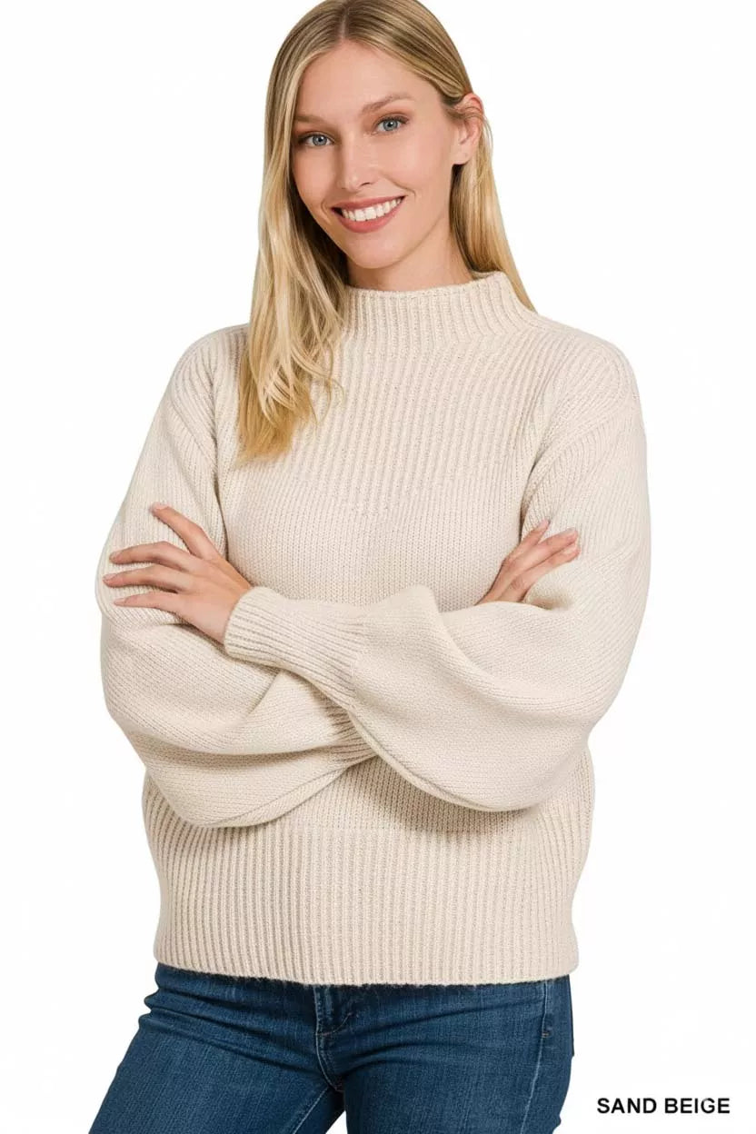 Sarah Express Women's Balloon Sleeve Mock Neck Sweater - Trendy Cozy Knitwear