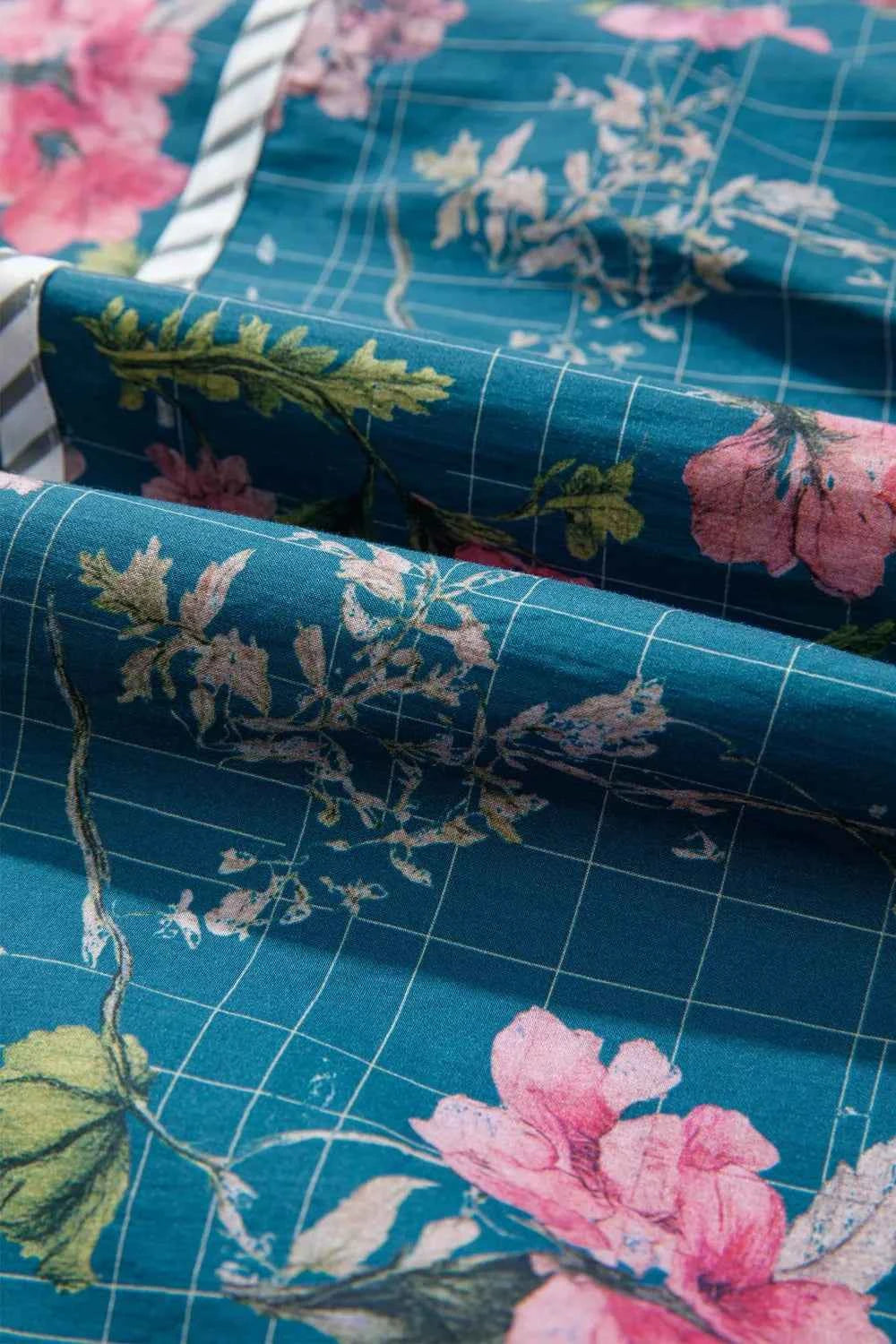 Sarah Express Women's Floral Print Puff Sleeve Blouse with Striped Trim