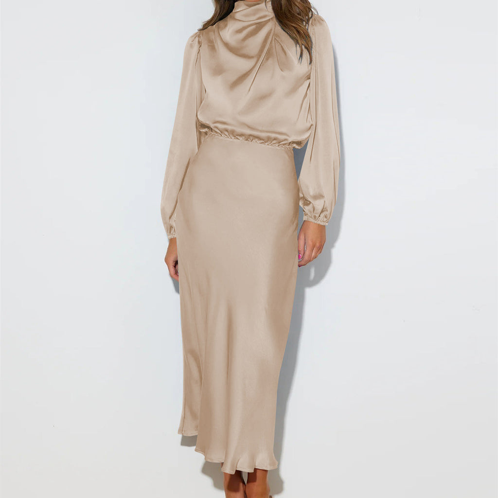 Sarah Express Women's Satin Formal Dress Halter Neck Long Sleeve Evening Midi Elegant