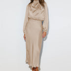 Sarah Express Women's Satin Formal Dress Halter Neck Long Sleeve Evening Midi Elegant
