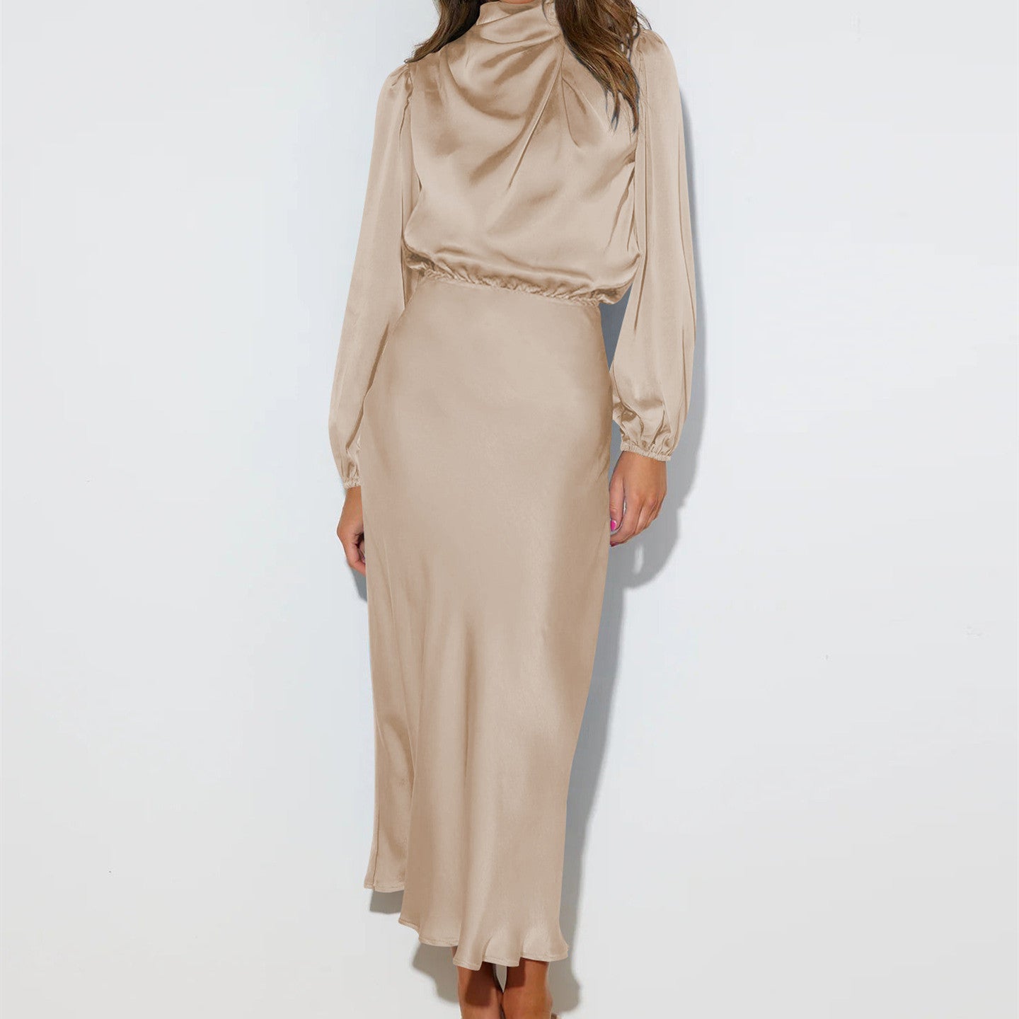 Sarah Express Women's Satin Formal Dress Halter Neck Long Sleeve Evening Midi Elegant