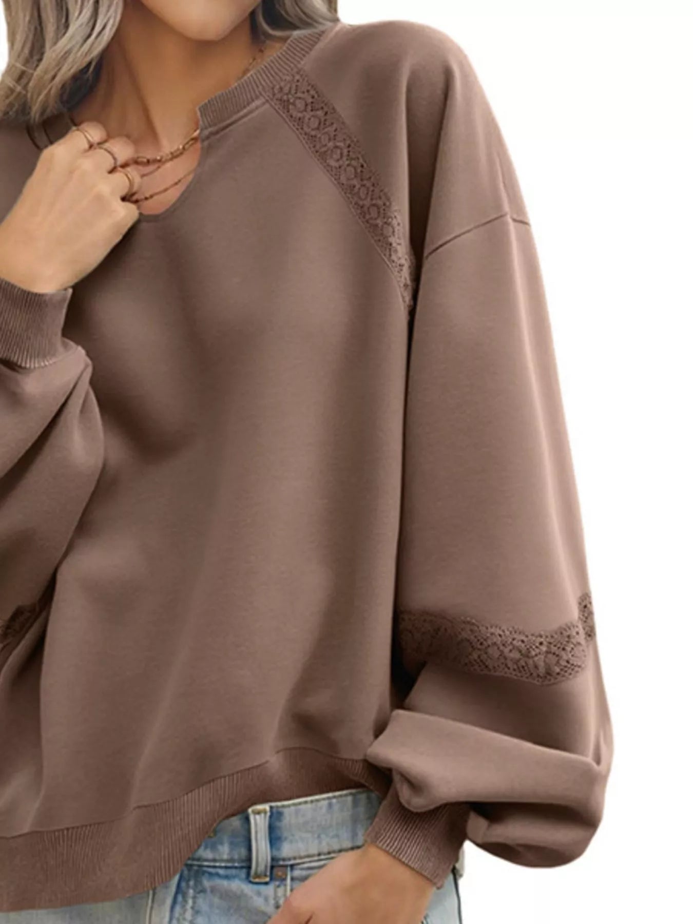 Sarah Express Women's Lace Detail Notched Long Sleeve Sweatshirt - Oversized Casual Pullover