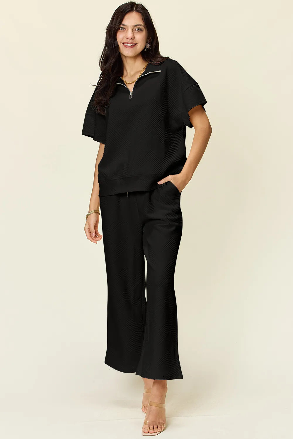 Sarah Express Women’s Plus Size Textured Half Zip Top and Pants Set
