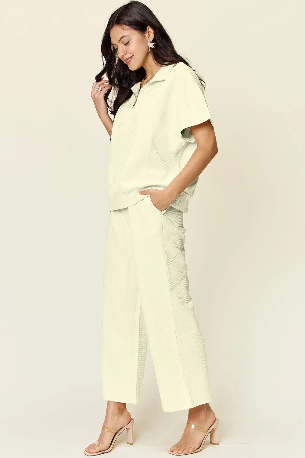 Sarah Express Women’s Plus Size Textured Half Zip Top and Pants Set
